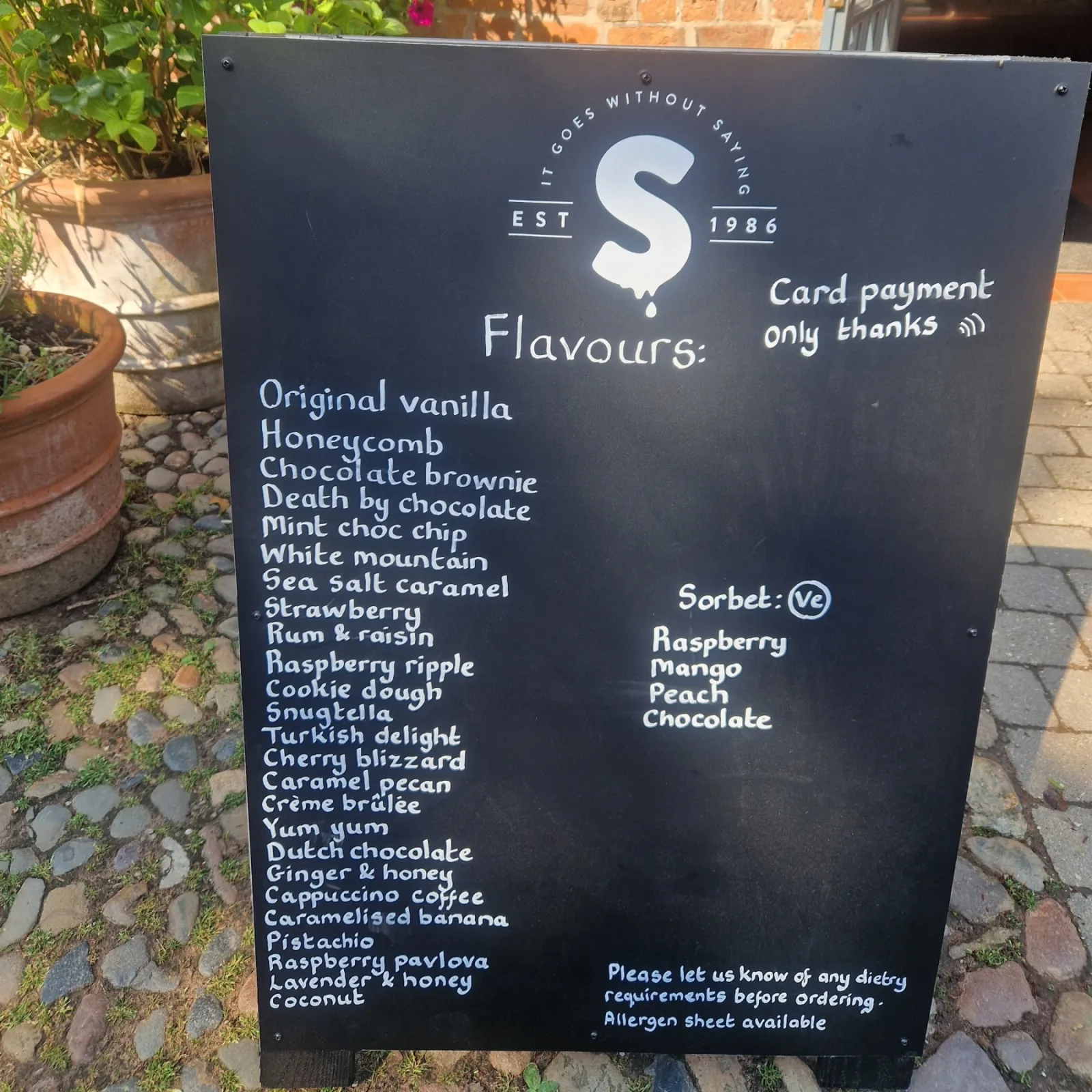 Chalkboard listing the Snugburys flavours